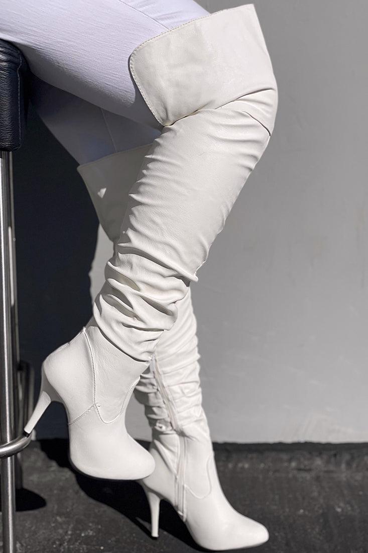 White Faux Leather Over The Knee Thigh High Heel Boots - AMIClubwear