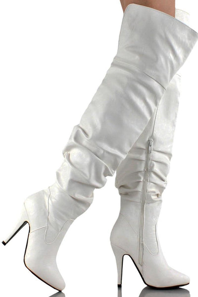 White Faux Leather Over The Knee Thigh High Heel Boots - AMIClubwear