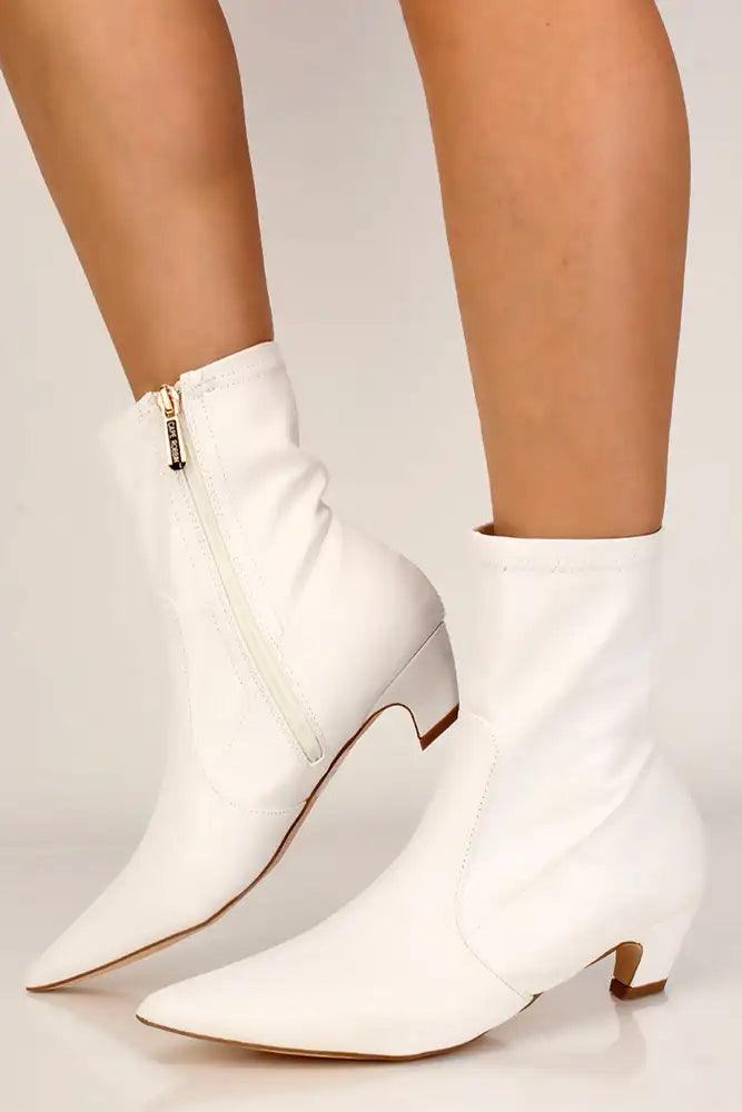 White Faux Leather Pointy Toe Booties - AMIClubwear