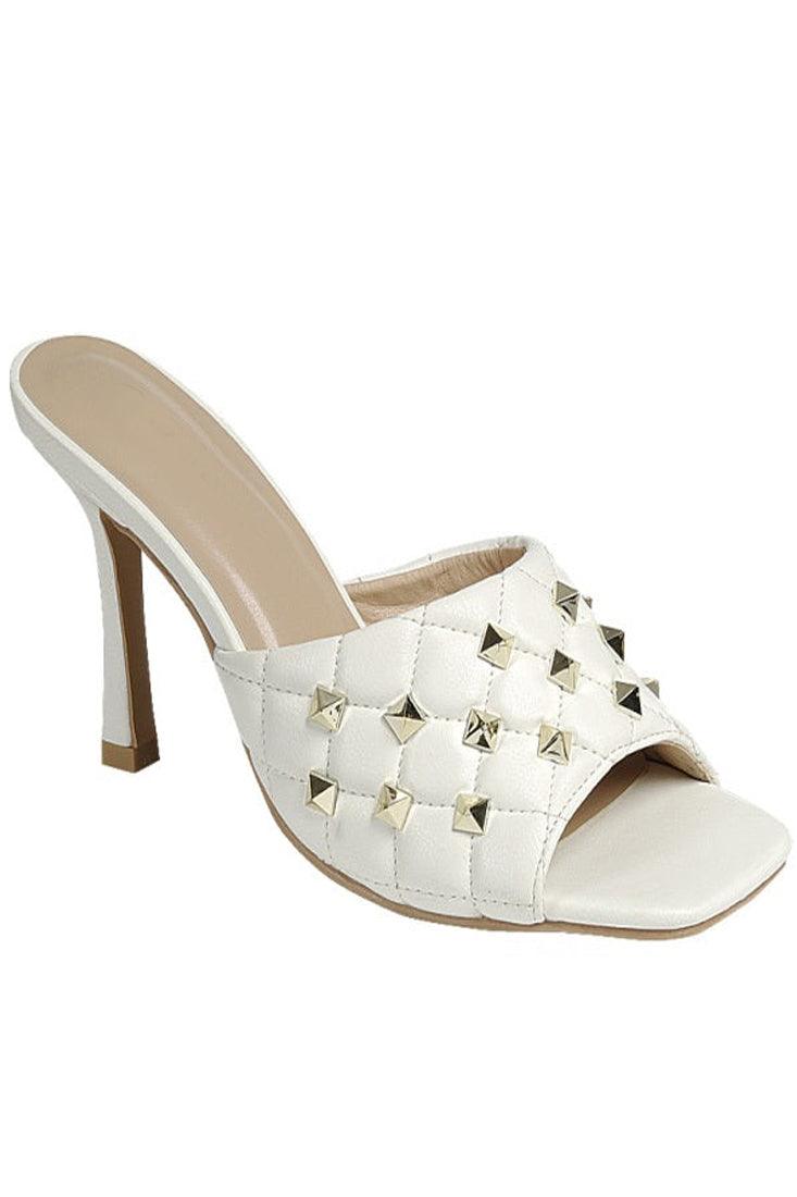 White Faux Leather Quilted Gold Stud Open Toe Slip On High Heels - AMIClubwear