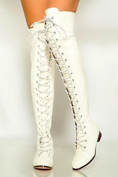 White Faux Leather Round Toe Lace Up Flat Boots - AMIClubwear