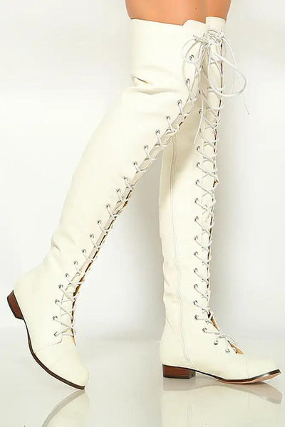 White Faux Leather Round Toe Lace Up Flat Boots - AMIClubwear