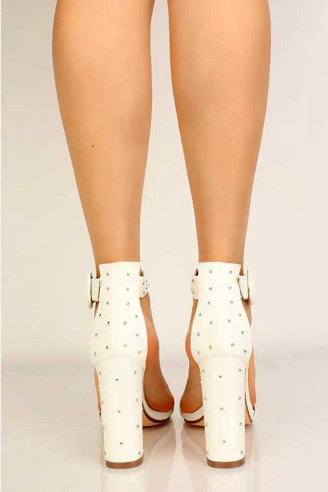 White Faux Leather Studded Chunky Heels - AMIClubwear