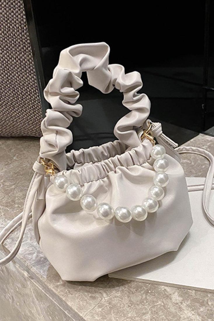 White Faux Pearl Ruched Mini Handbag - AMIClubwear