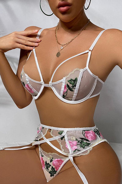 White Floral Embroidered Caged Three Piece Lingerie - AMIClubwear
