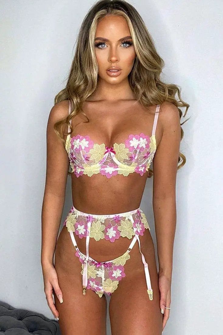 White Floral Embroidered Garter Sexy Lingerie 3 Pc Set