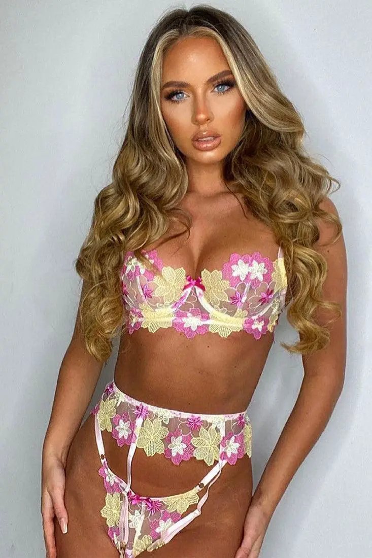 White Floral Embroidered Garter Sexy Lingerie 3 Pc Set