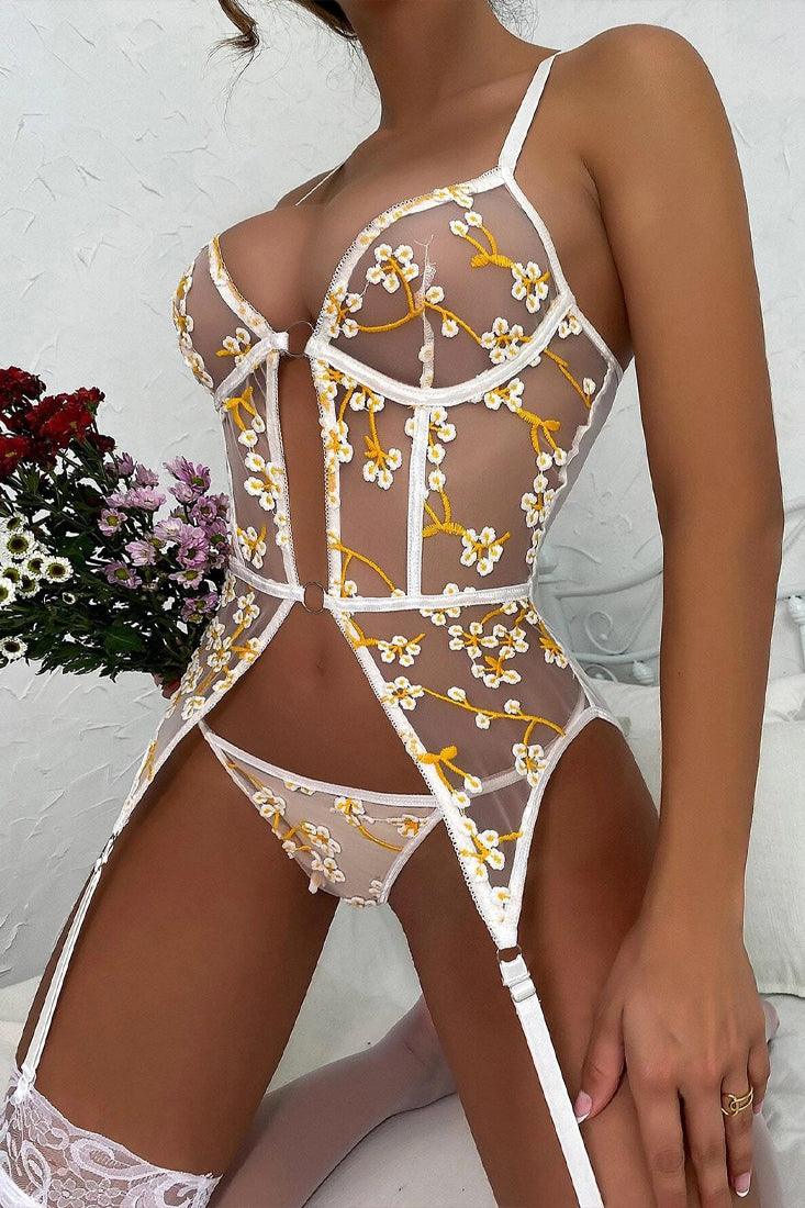 White Floral Embroidery Sheer Mesh Cheeky Lingerie Set - AMIClubwear