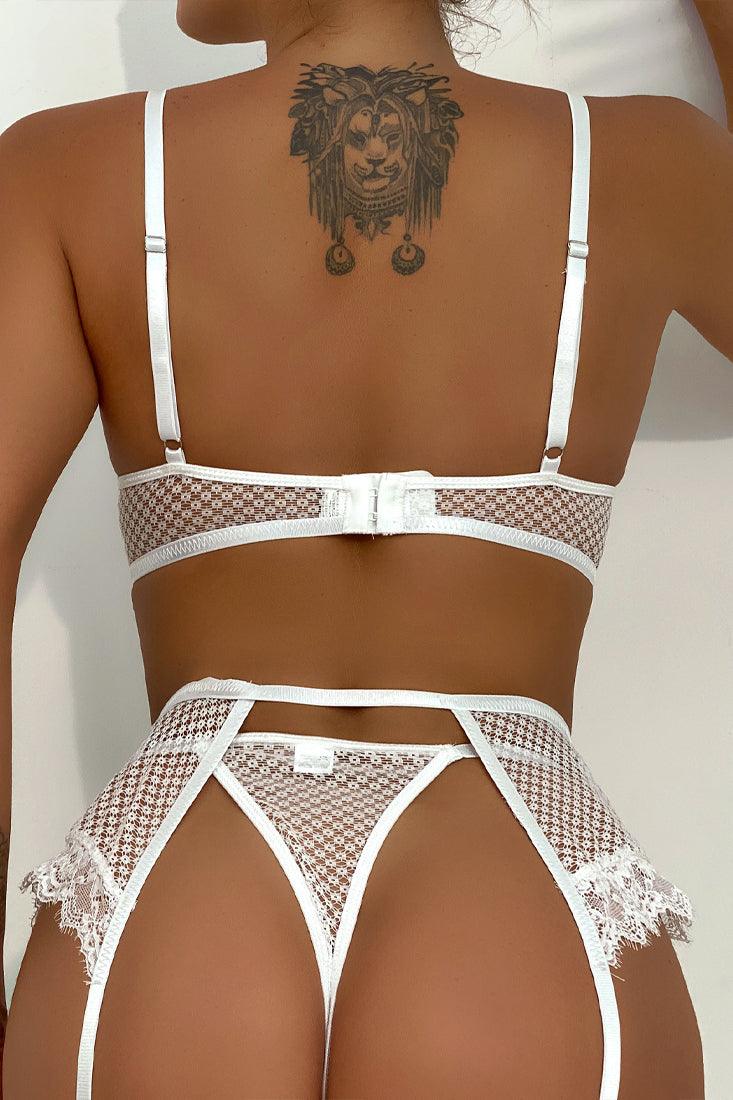 White Floral Lace Chain Linked Underwire Garter Lingerie 5 Pc Set - AMIClubwear