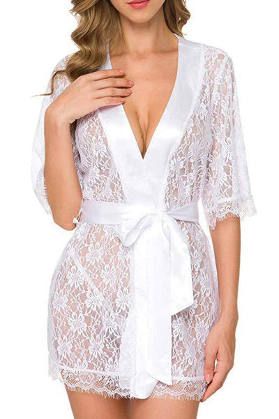 White Floral Lace Mid Sleeve Lingerie Robe 3 Pc Set - AMIClubwear