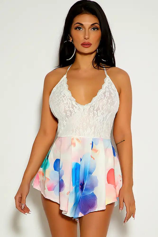 White Floral Lace Sleeveless Romper - AMIClubwear