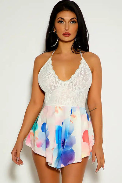 White Floral Lace Sleeveless Romper - AMIClubwear