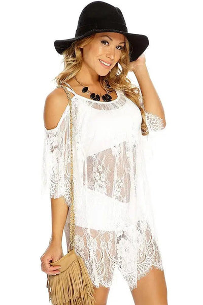 White Floral Mesh Scalloped Trim Swimsuit Cove-Up - AMIClubwear