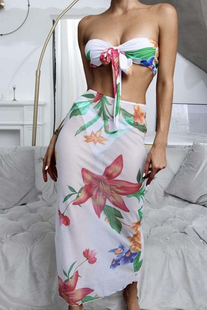 White Floral Print Bandeau Three Piece Swimsuit - AMIClubwear