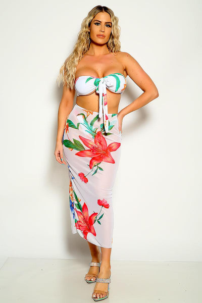 White Floral Print Bandeau Three Piece Swimsuit - AMIClubwear