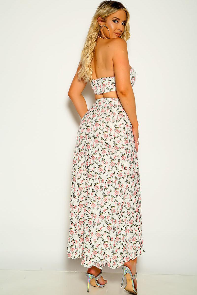 White Floral Print Halter Two Piece Sexy Party Dress - AMIClubwear
