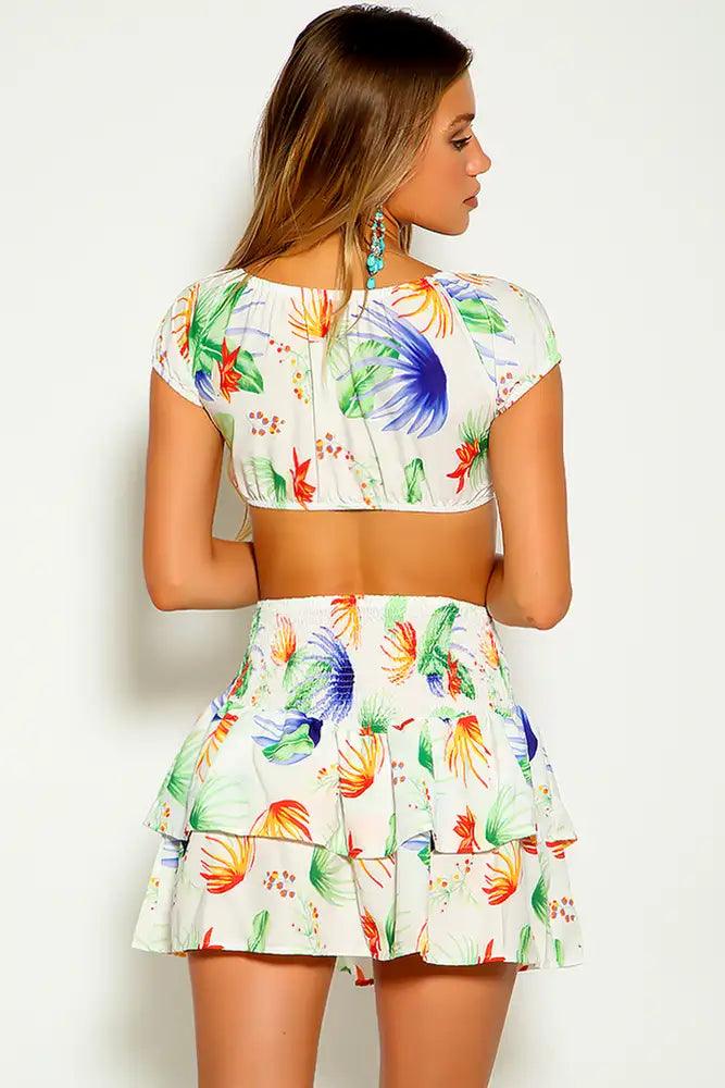 White Floral Print Short Sleeve Cropped Two Piece Dress - AMIClubwear