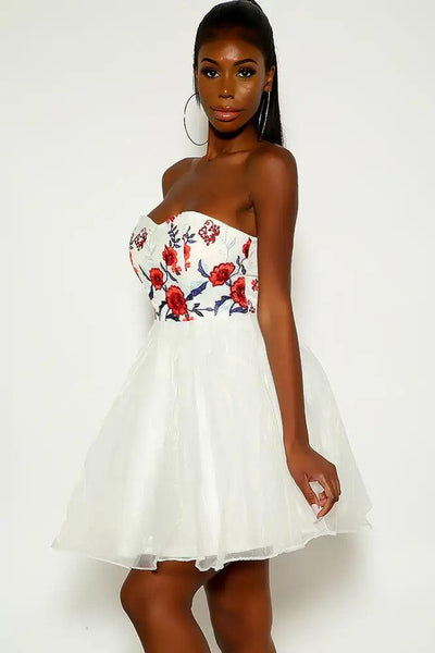 White Floral Print Strapless Party Dress - AMIClubwear