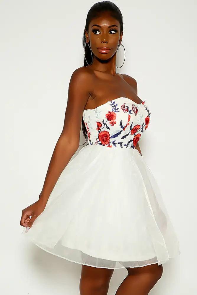 White Floral Print Strapless Party Dress - AMIClubwear