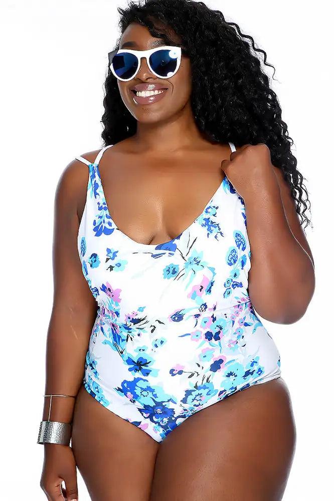 White Floral Print Strappy Lace Up One Piece Swimsuit Plus - AMIClubwear