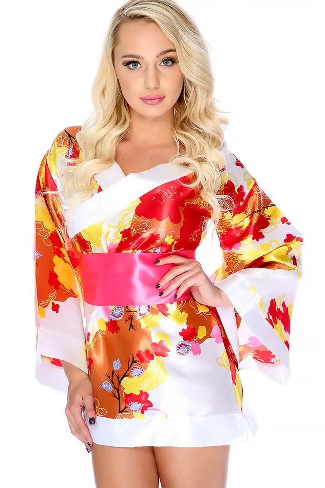 White Floral Print Traditional Japanese Kimono 3pc Sexy Costume - AMIClubwear