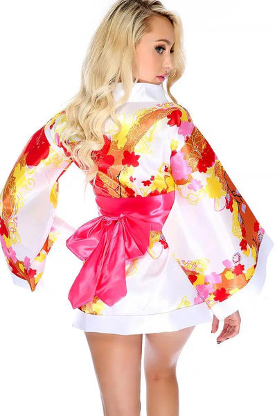 White Floral Print Traditional Japanese Kimono 3pc Sexy Costume - AMIClubwear