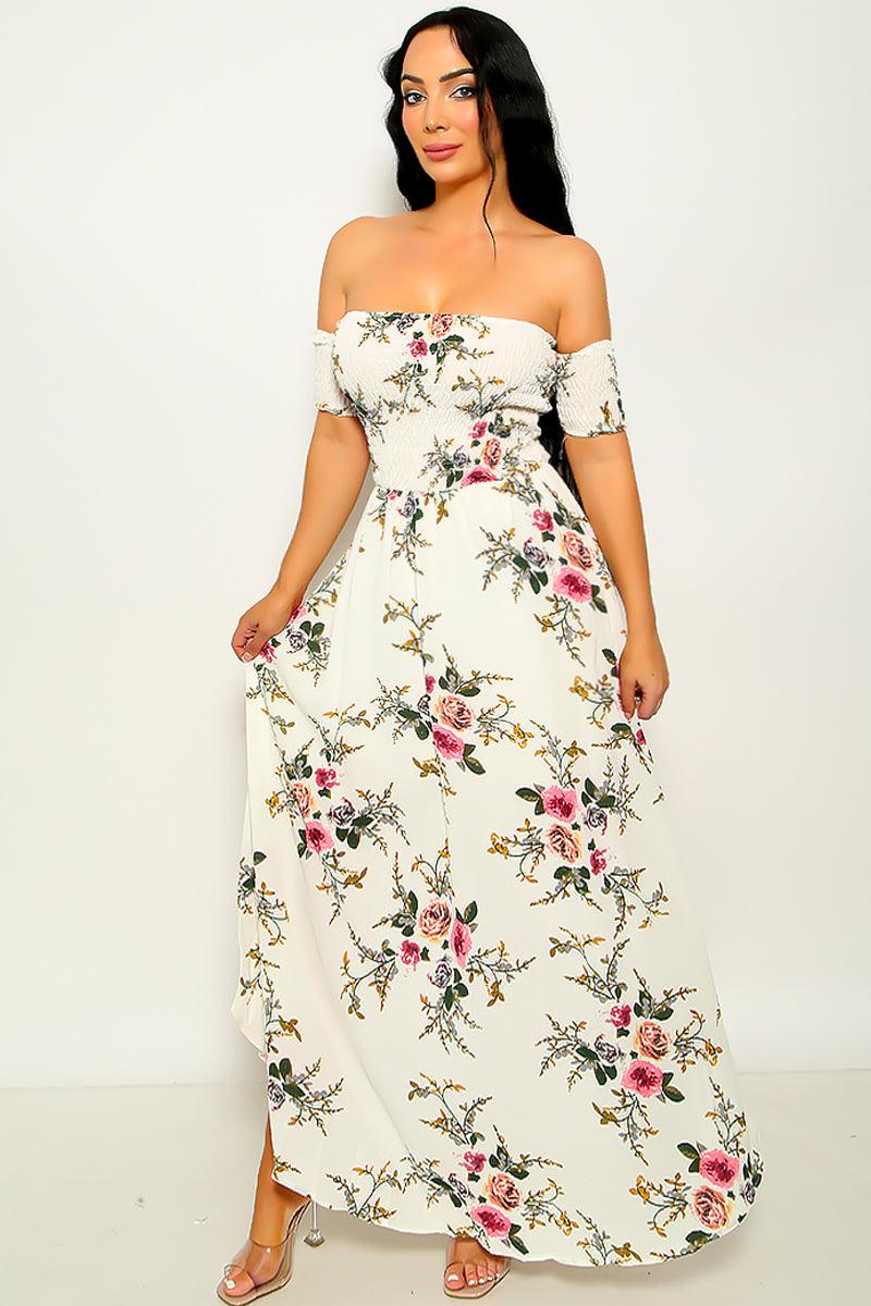 White Floral Shirred Wide Hem Off Shoulder Maxi Dress - AMIClubwear