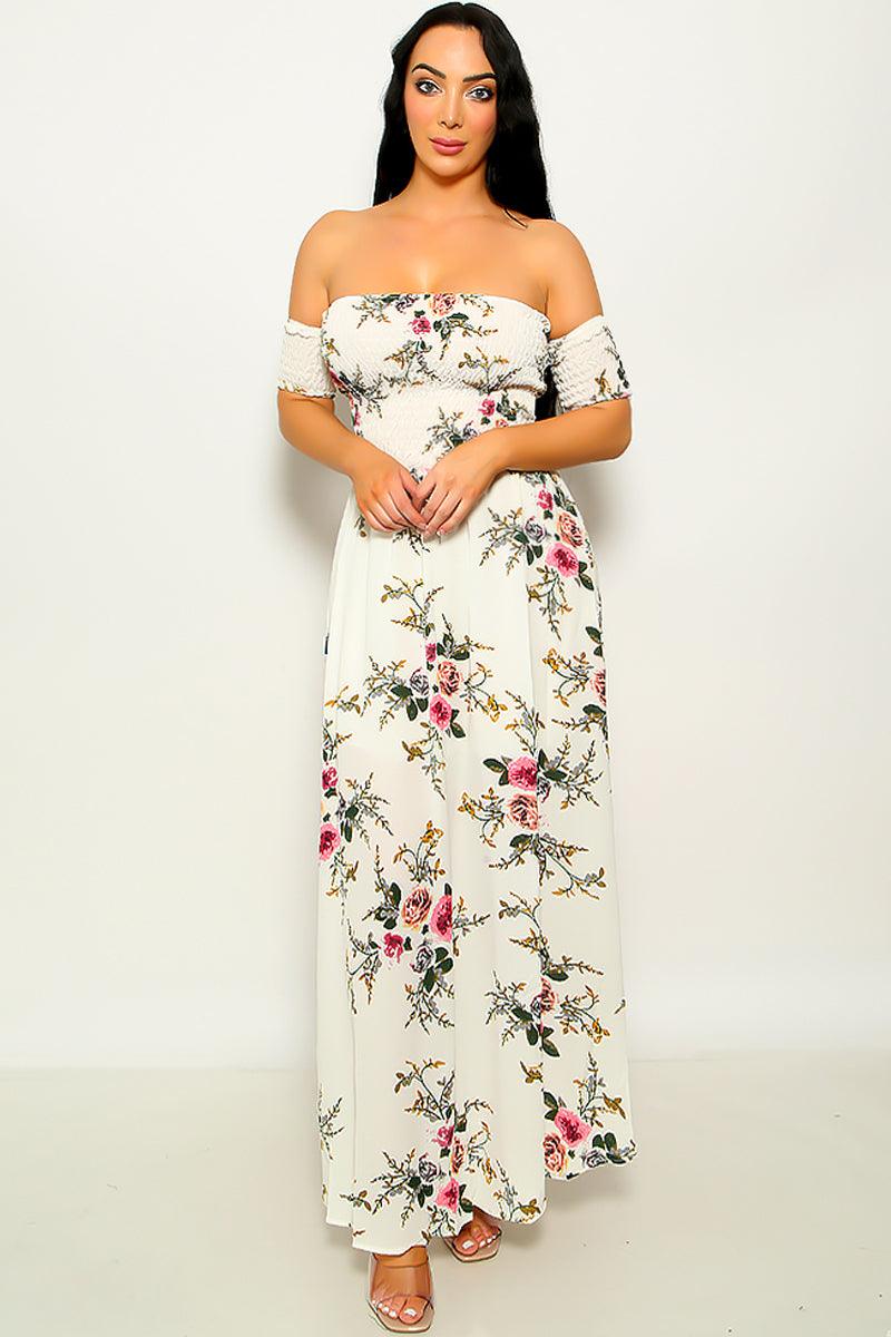 White Floral Shirred Wide Hem Off Shoulder Maxi Dress - AMIClubwear