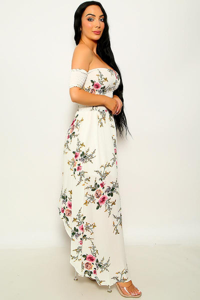 White Floral Shirred Wide Hem Off Shoulder Maxi Dress - AMIClubwear