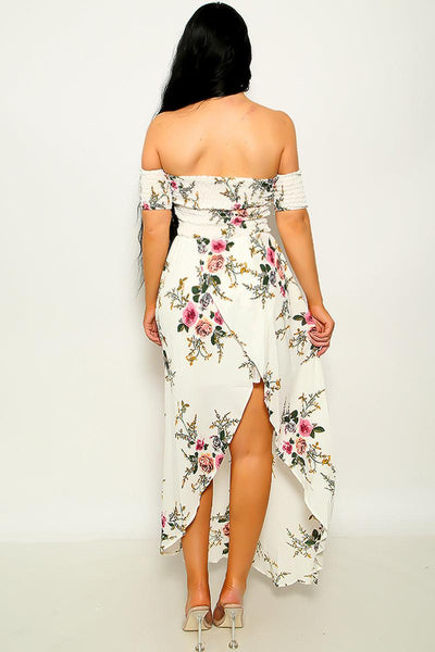 White Floral Shirred Wide Hem Off Shoulder Maxi Dress - AMIClubwear