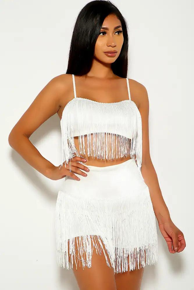 White Fringe Accent Two Piece Outfit - AMIClubwear