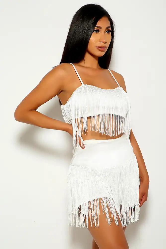 White Fringe Accent Two Piece Outfit - AMIClubwear