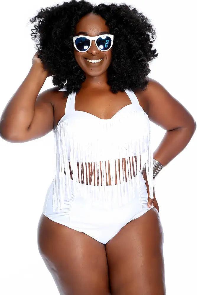 White Fringe Halter Ruched High Waist Two Piece Swimsuit Plus - AMIClubwear