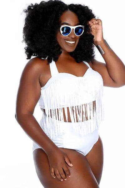 White Fringe Halter Ruched High Waist Two Piece Swimsuit Plus - AMIClubwear