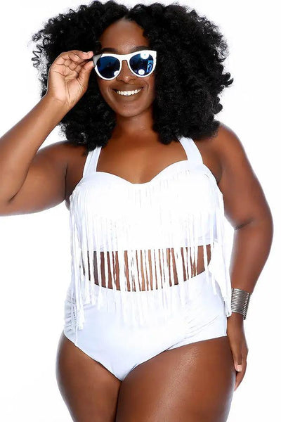 White Fringe Halter Ruched High Waist Two Piece Swimsuit Plus - AMIClubwear