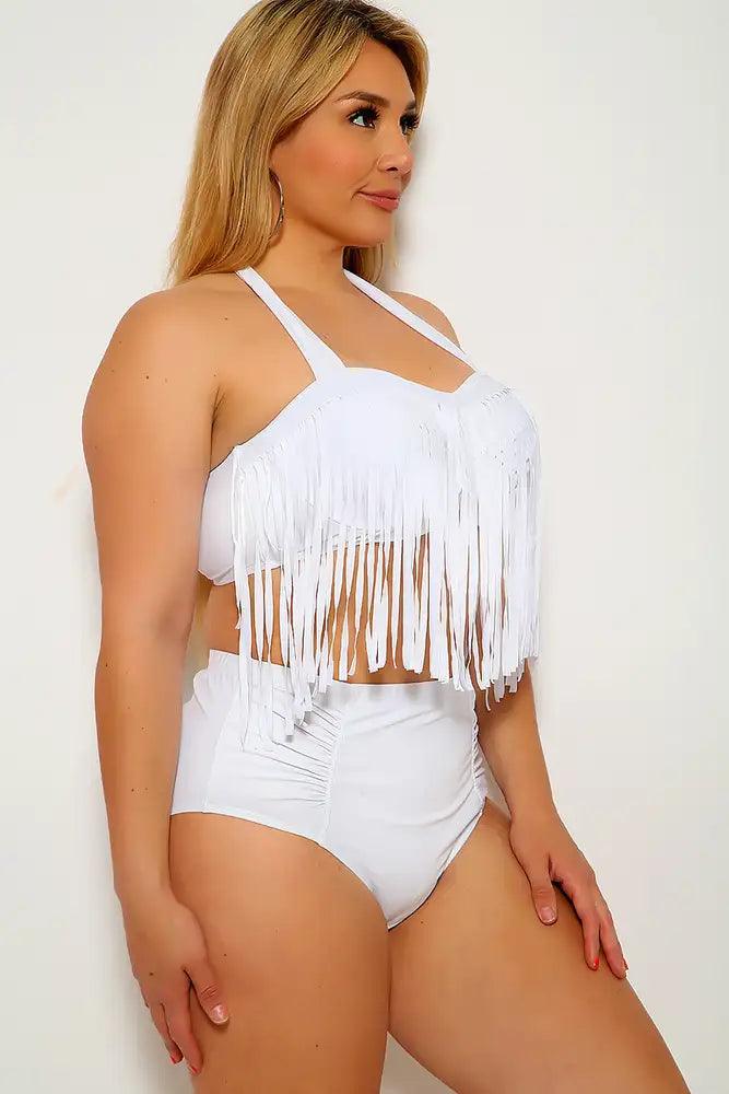 White Fringe Plus Size Two Piece Swimsuit - AMIClubwear