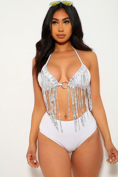 White Fringe Sequins Two Piece Swimsuit - AMIClubwear