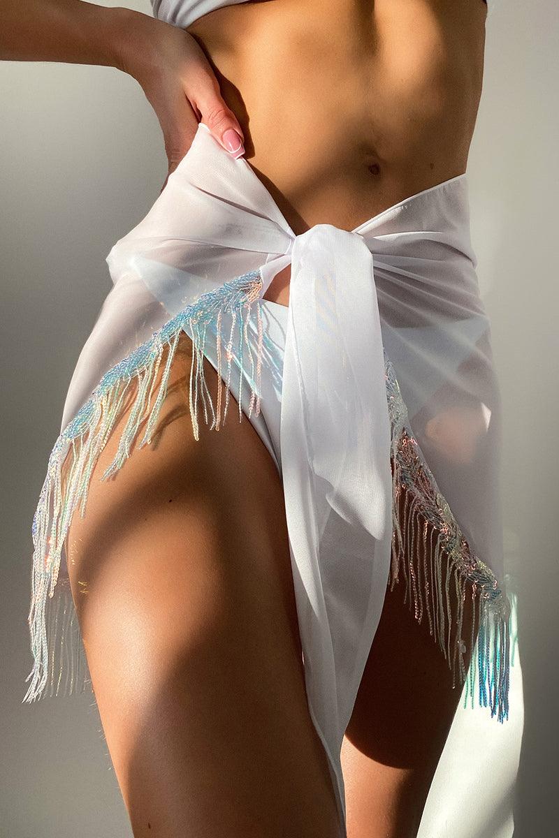 White Fringe Shimmery Coverup Skirt Sexy Swimsuit - AMIClubwear
