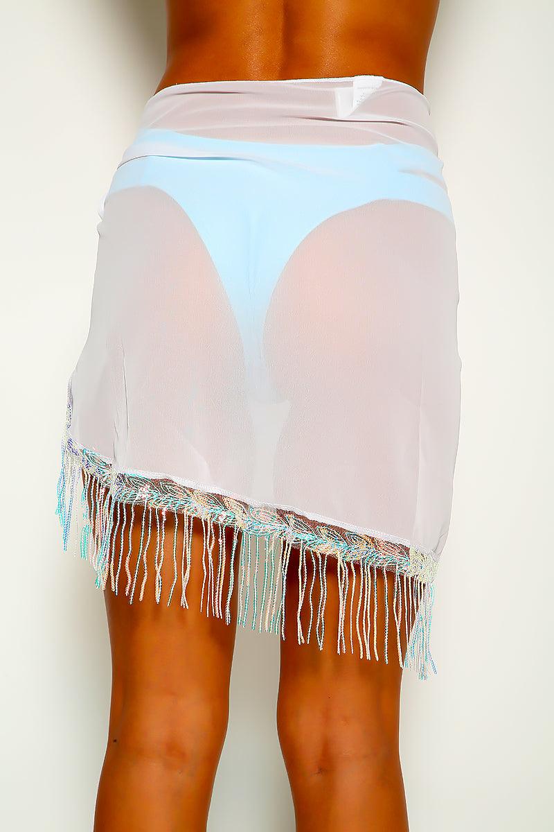 White Fringe Shimmery Coverup Skirt Sexy Swimsuit - AMIClubwear