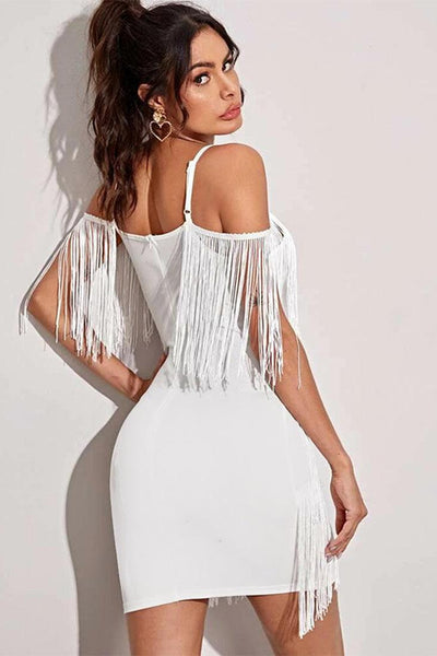 White Fringe Sleeveless Sexy Party Dress - AMIClubwear