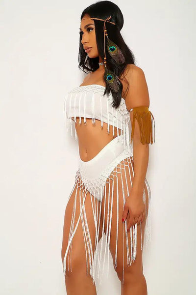White Fringed Sexy Indian 5 Piece Costume - AMIClubwear