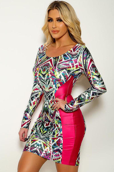 White Fuchsia Graphic Long Sleeve Zip Up Sexy Party Dress - AMIClubwear