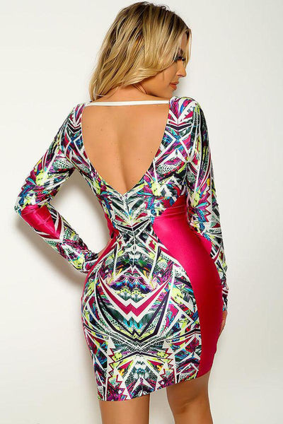White Fuchsia Graphic Long Sleeve Zip Up Sexy Party Dress - AMIClubwear
