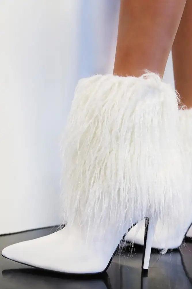 White Fur High Heel Booties Faux Leather Ankle Boots - AMIClubwear