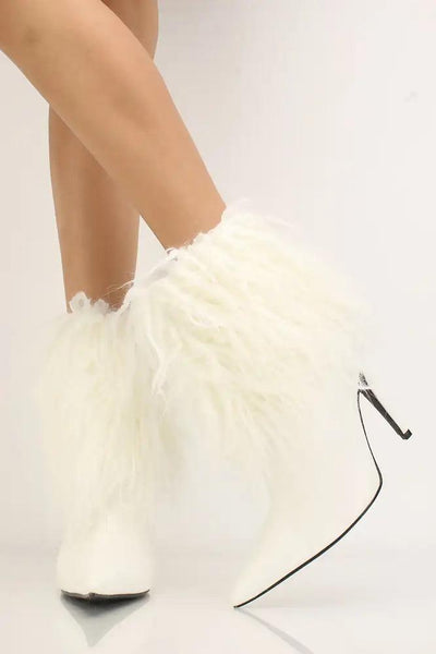 White Fur High Heel Booties Faux Leather Ankle Boots - AMIClubwear