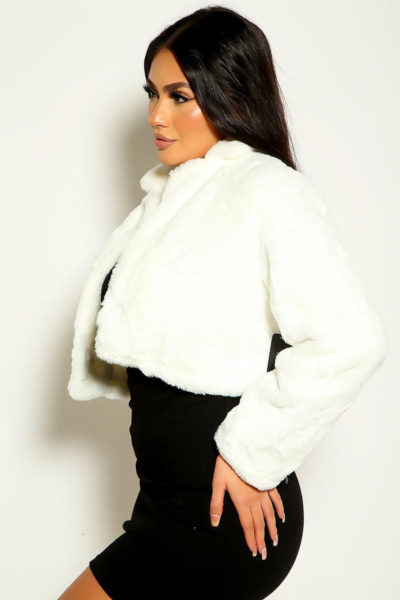 White Fuzzy Faux Fur Cropped Jacket - AMIClubwear