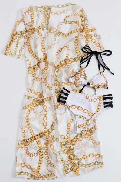 White Gold Chain Print Three Piece Swimsuit - AMIClubwear