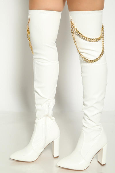 White Gold Chain Thigh High Side Zip High Heel Boots - AMIClubwear
