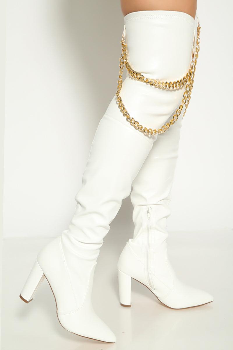 White Gold Chain Thigh High Side Zip High Heel Boots - AMIClubwear