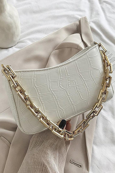 White Gold Crocodile Print Hand Bag - AMIClubwear